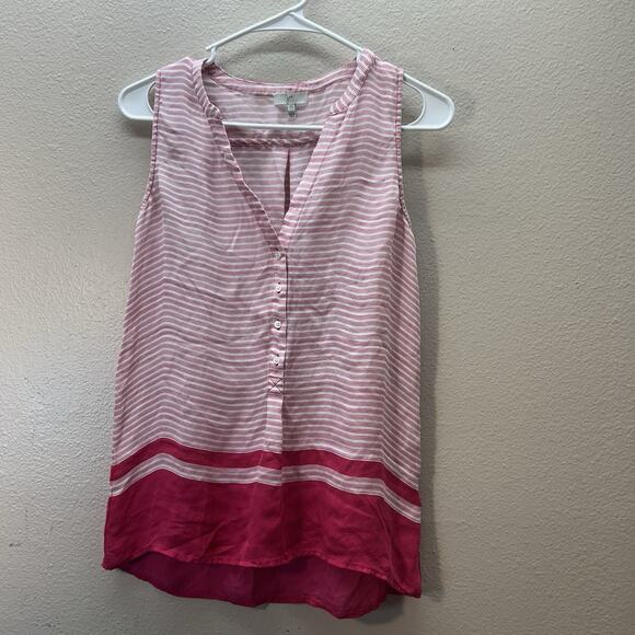 Joie Lightweight 100% Silk V-Neck Tank Womens XS Pink Striped Half Button Career - Picture 1 of 6